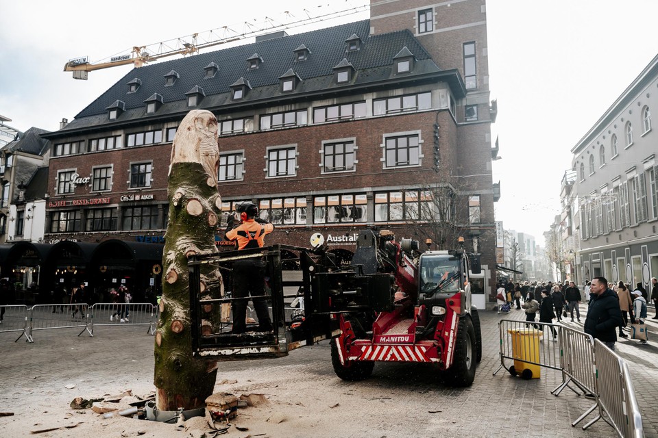 Kettingzaagkunstenaar maakt totem van kerstboom op Hasseltse Grote Markt 